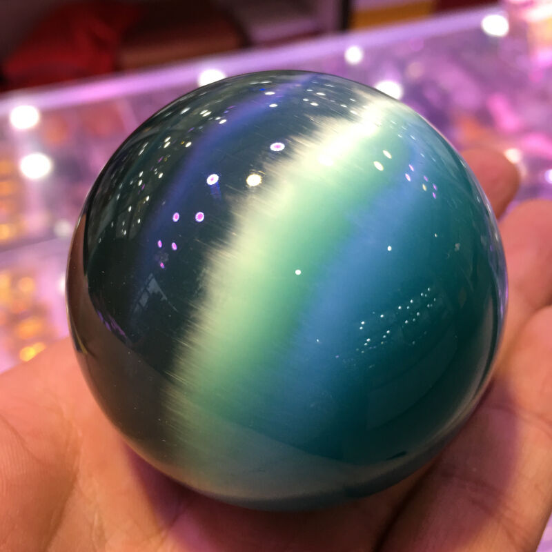 290g Rare Quartz blue Cat Eye Crystal Healing Ball Sphere 60mm + Stand