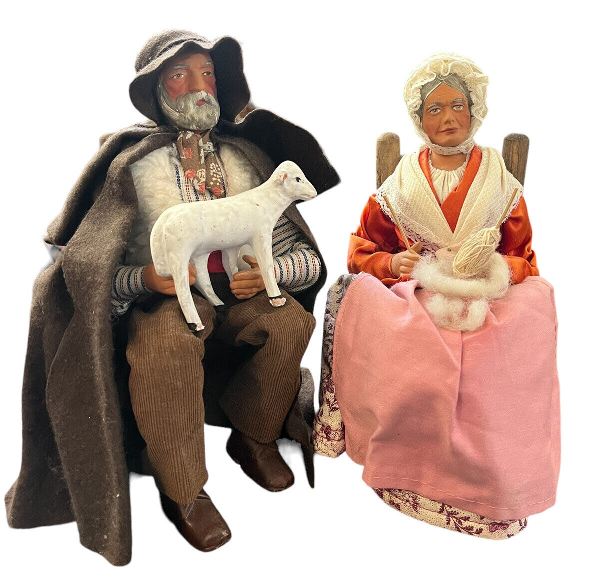 Vintage French Santons De Provence Old Couple Shepherd and Wife Terracotta Clay