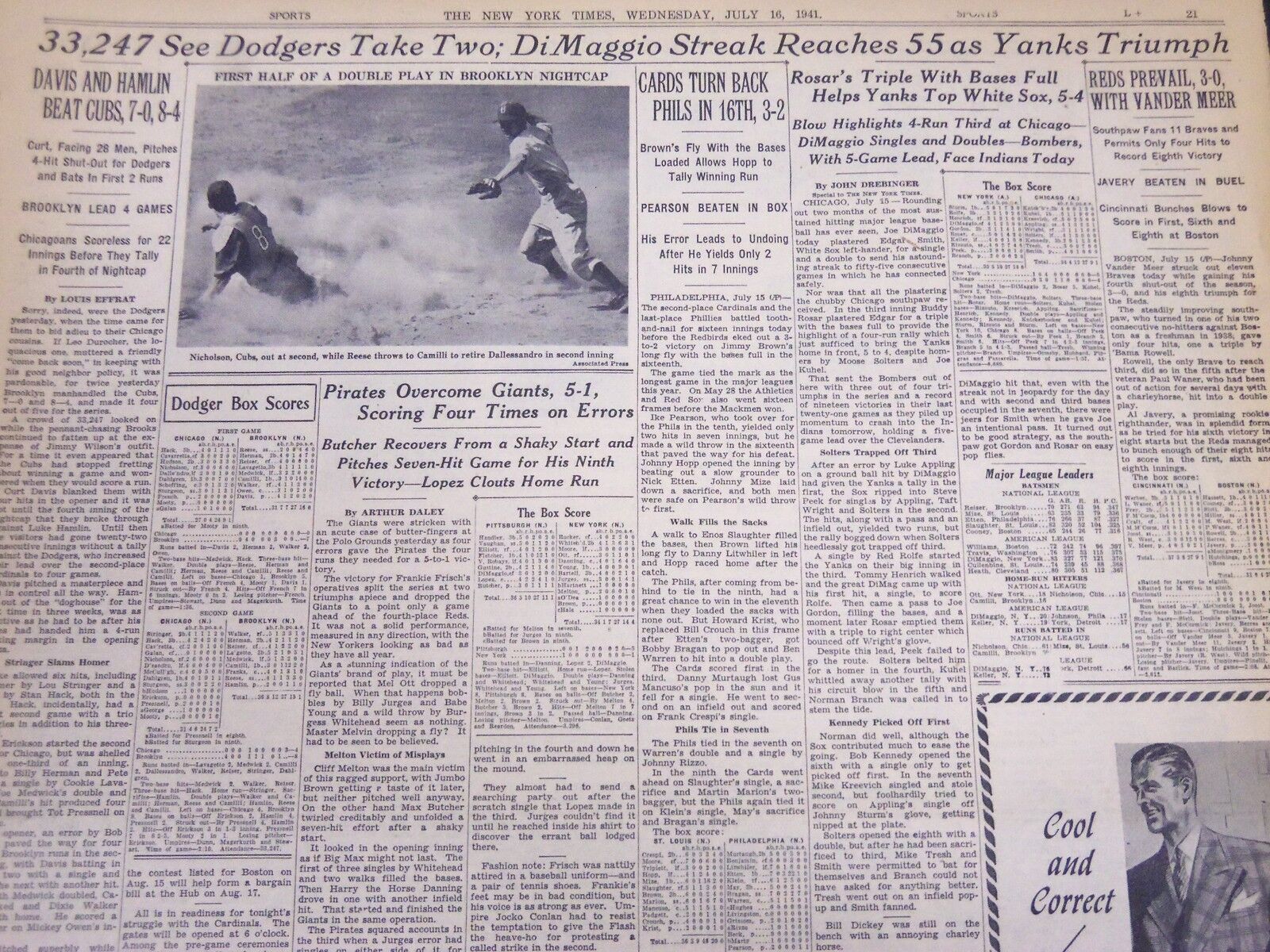 1941 JULY 16 NEW YORK TIMES - DIMAGGIO STREAK REACHES 55 - NT 5158
