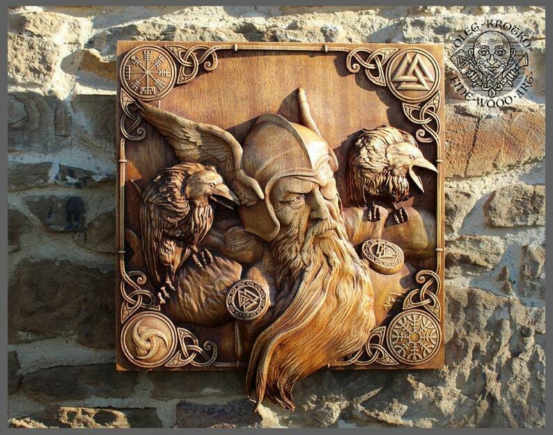 Odin Norse God Ravens Wood Carving Art Decor Viking Walknut Asatru