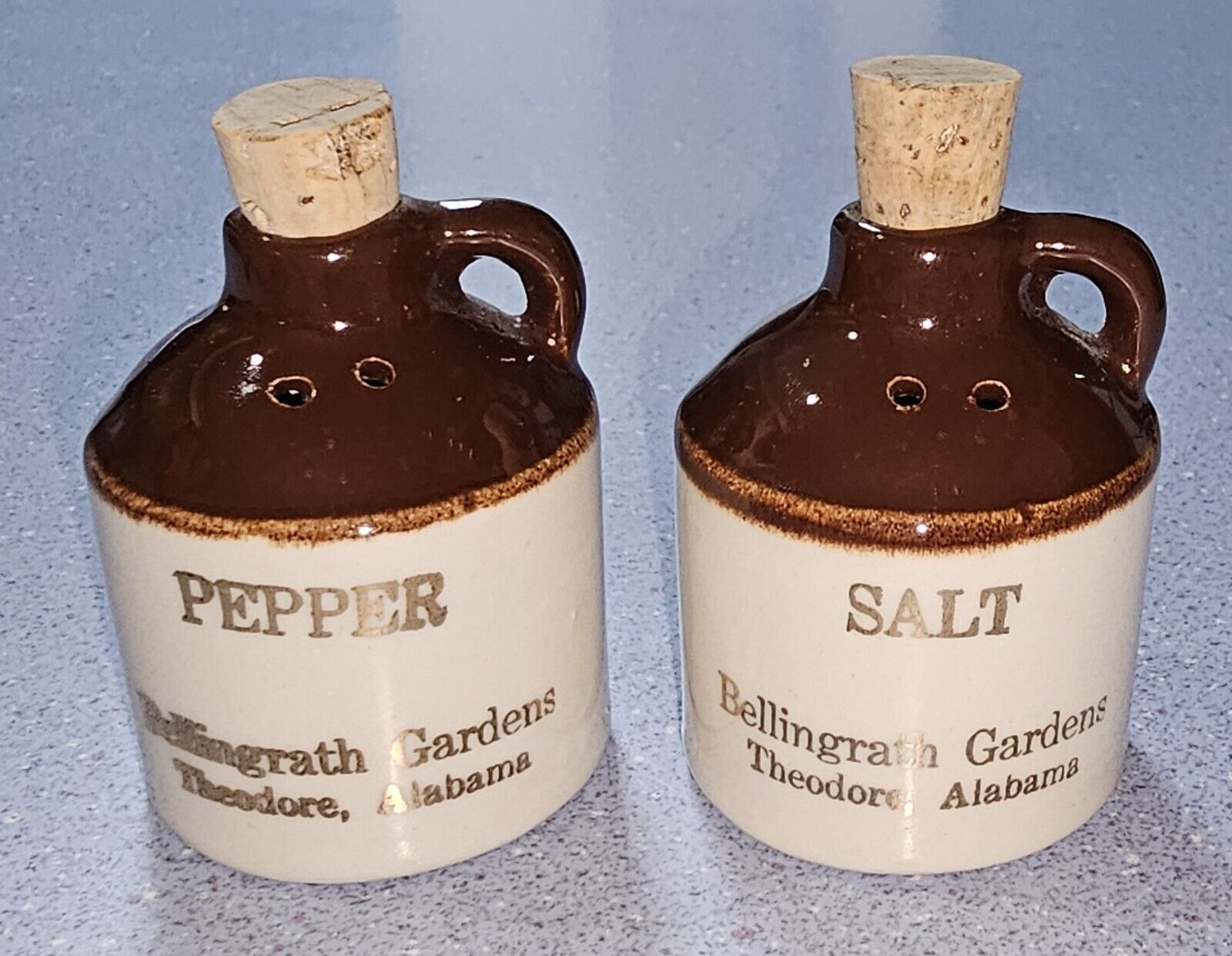 VINTAGE TWO TONE CERAMIC POTTERY WHISKY JUG SALT AND PEPPER SHAKERS 1972 