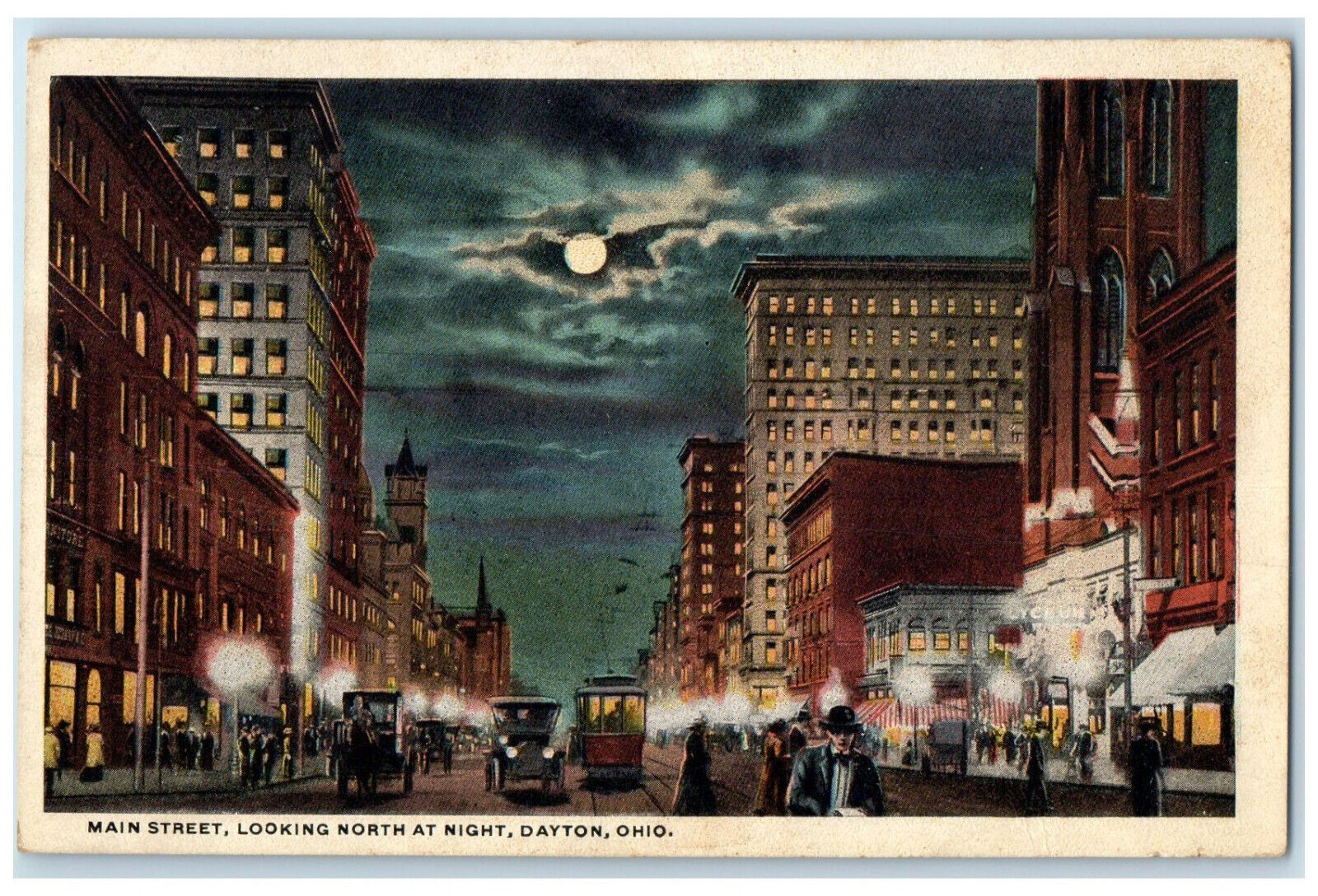 c1930's Main Street Looking North at Night Dayton Ohio OH Moonlight Postcard