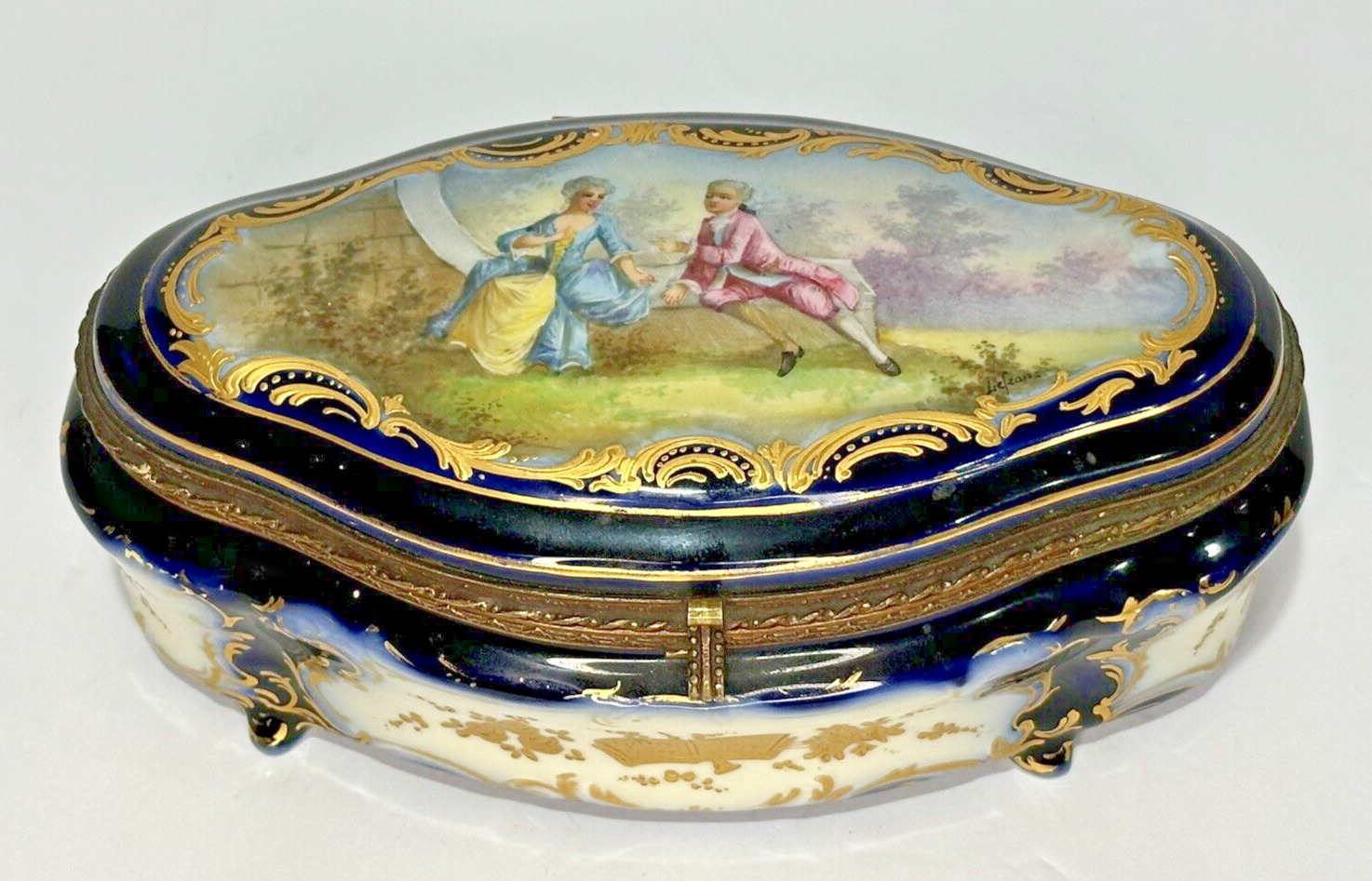 French Sevres Blue Porcelain Box Romantic Gallant Scene Gold Trim 19th Century
