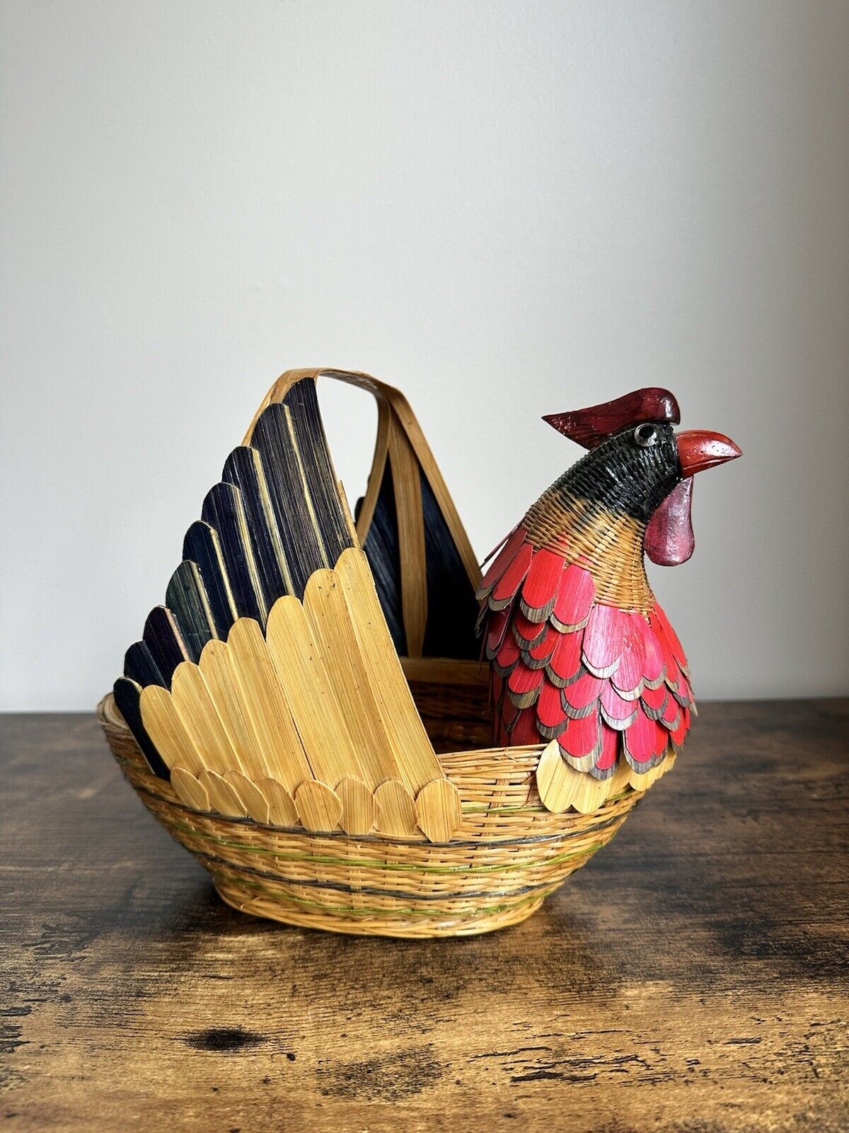 Vintage Wicker Rattan Woven Chicken Shaped Gathering Basket Handmade Bird Basket