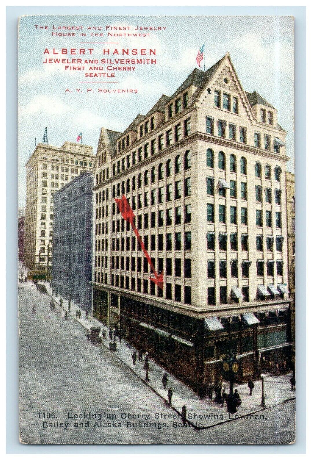 c1910's Looking Up Cherry Street Showing Lowman Bailey Seattle WA Postcard