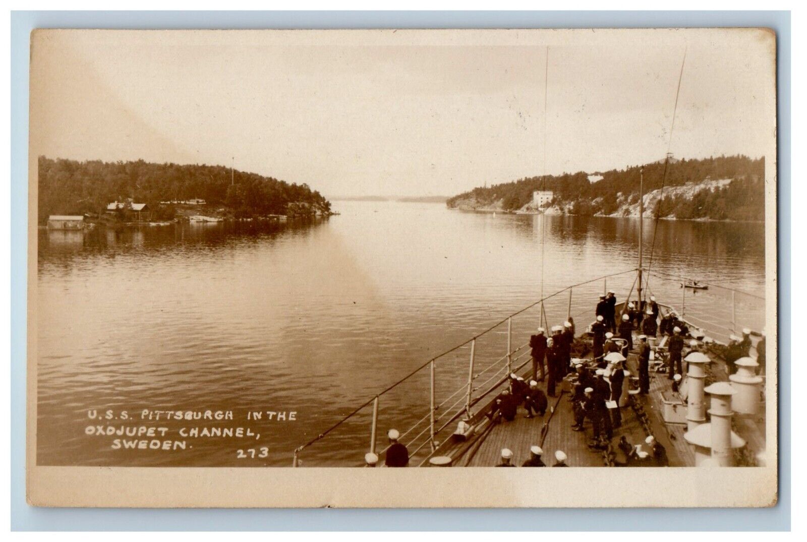 c1920\'s USS Pittsburgh In The Oxojupet Channel Sweden RPPC Photo Postcard