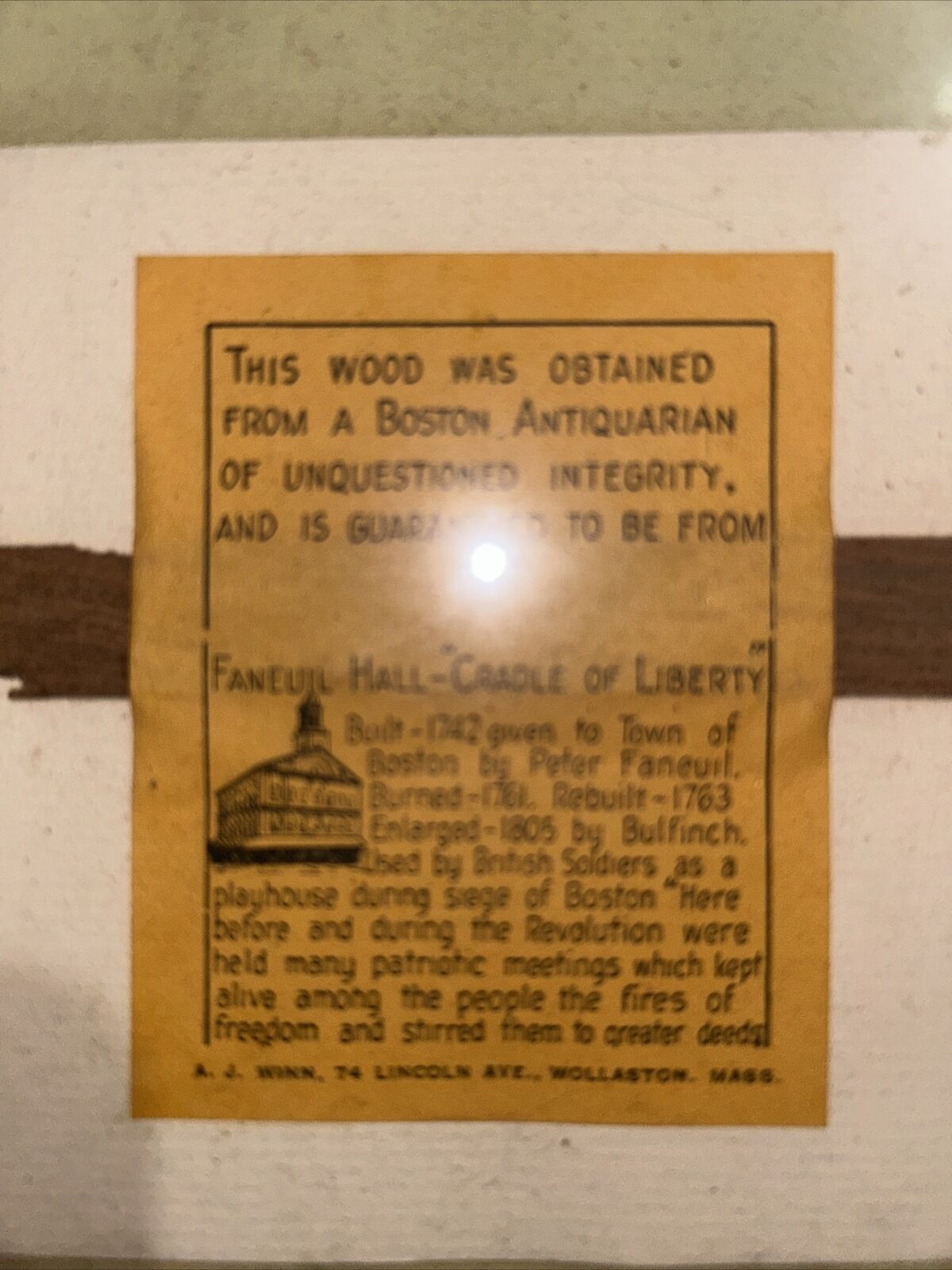 Antique Wood Chip 1761 18th Century Cradle Of Liberty Faneuiel Hall Boston MA