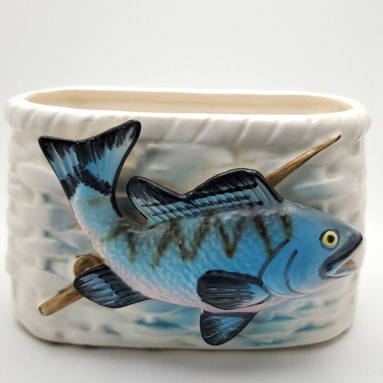 Vintage Napco Creel and Blue Fish Fishing Pole Ceramic Basket Planter
