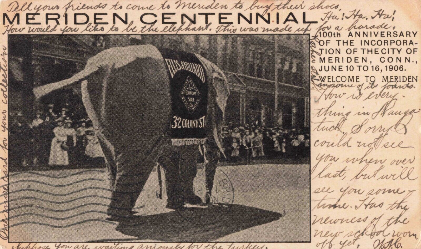 Elephant Parade Meriden Centennial Connecticut CT 1906 Postcard