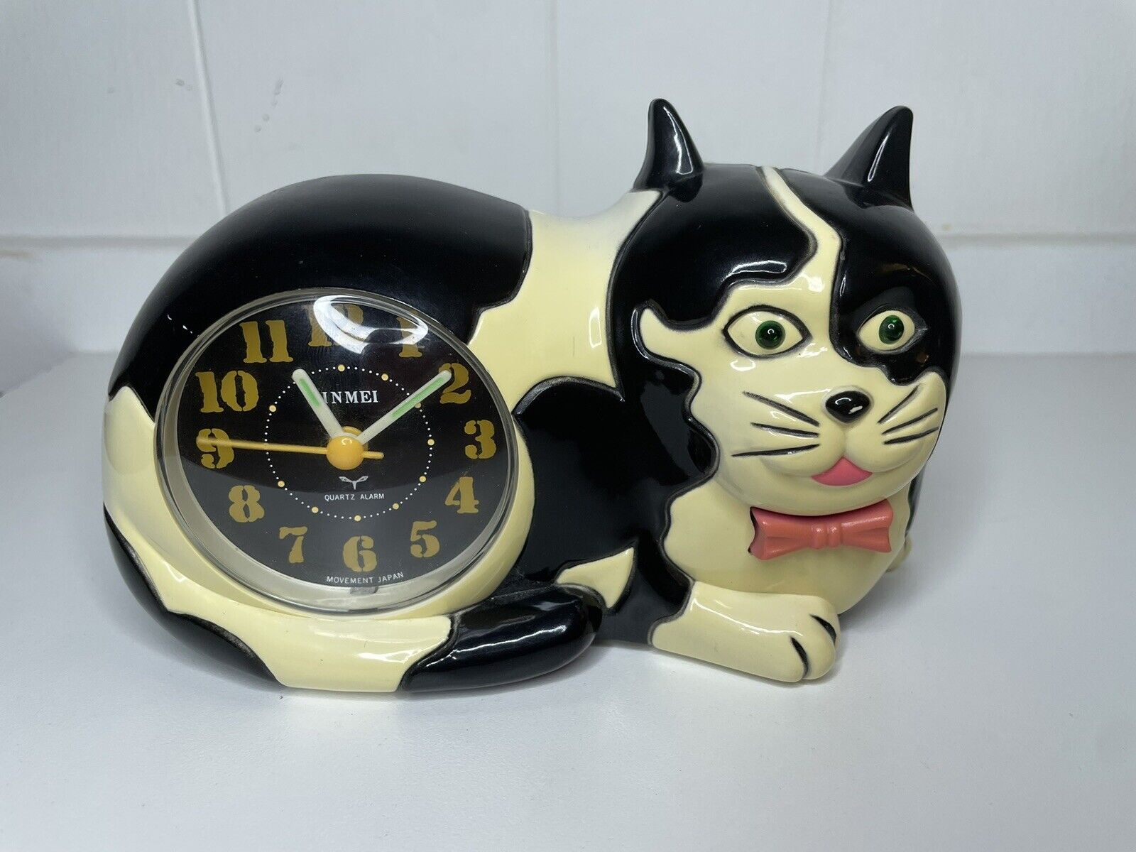 JINMEI Cat Alarm Clock W/Cat Meow Alarm SOUNDS Black/White RARE Vtg 1989 Japan