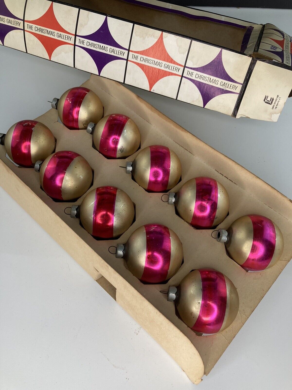 10 Vintage CORNING  Christmas Balls ~ Pink Striped w/ Orig. Box ~ MADE IN USA