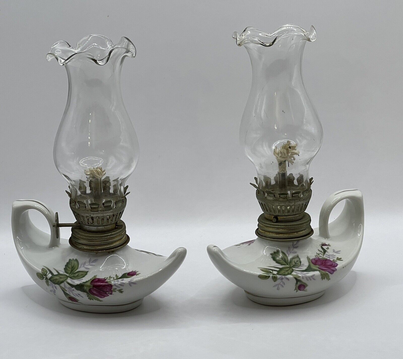 Pair Of Vintage Oil Lamps, Ceramic Aladin Genie Shape Hand Painted Roses 6.5