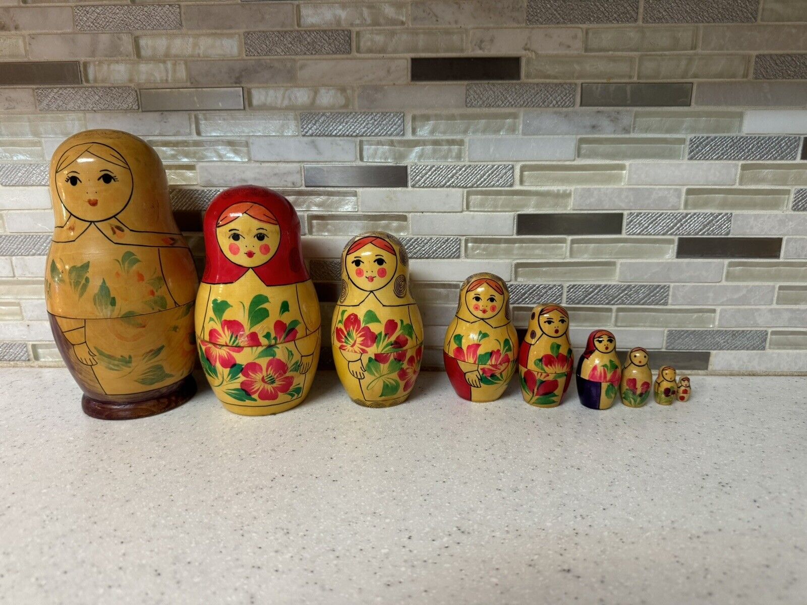Vintage Handmade Hand Painted Authentic Russian Nesting Dolls 9 Pcs. 7” Tallest