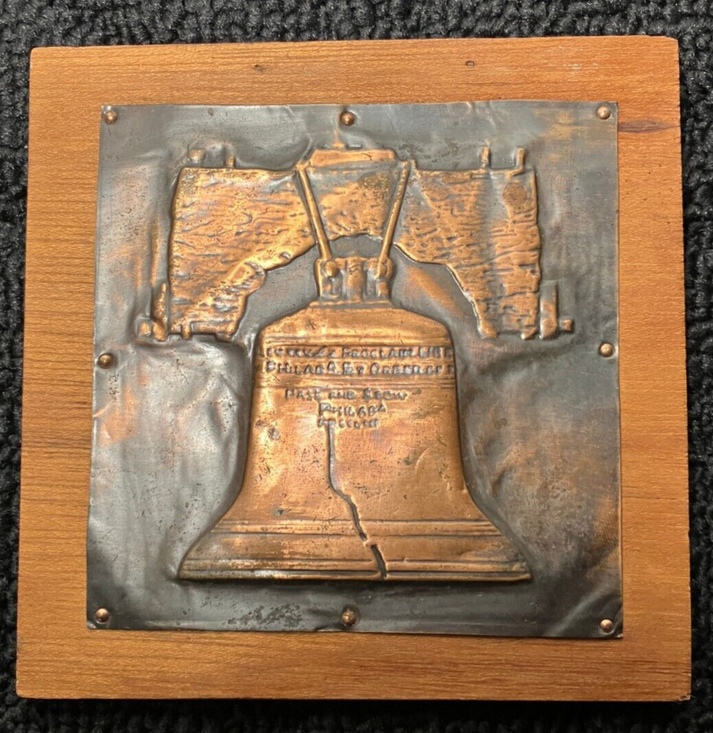Vintage Liberty Bell Embossed Copper Art Plaque Repousse Signed 4”