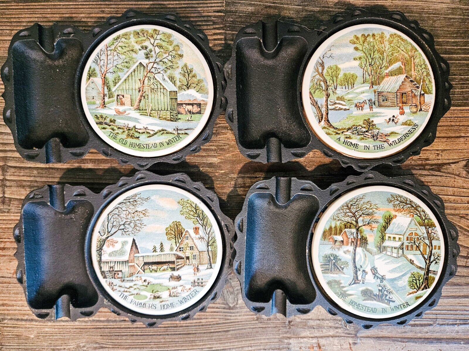 Vintage Currier And Ives Cast Iron Ash Tray Cup Coasters Made In Japan Set Of 4