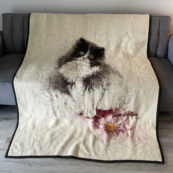 Vintage Biederlack Cat Blanket BrownCream Acrylic 65×51