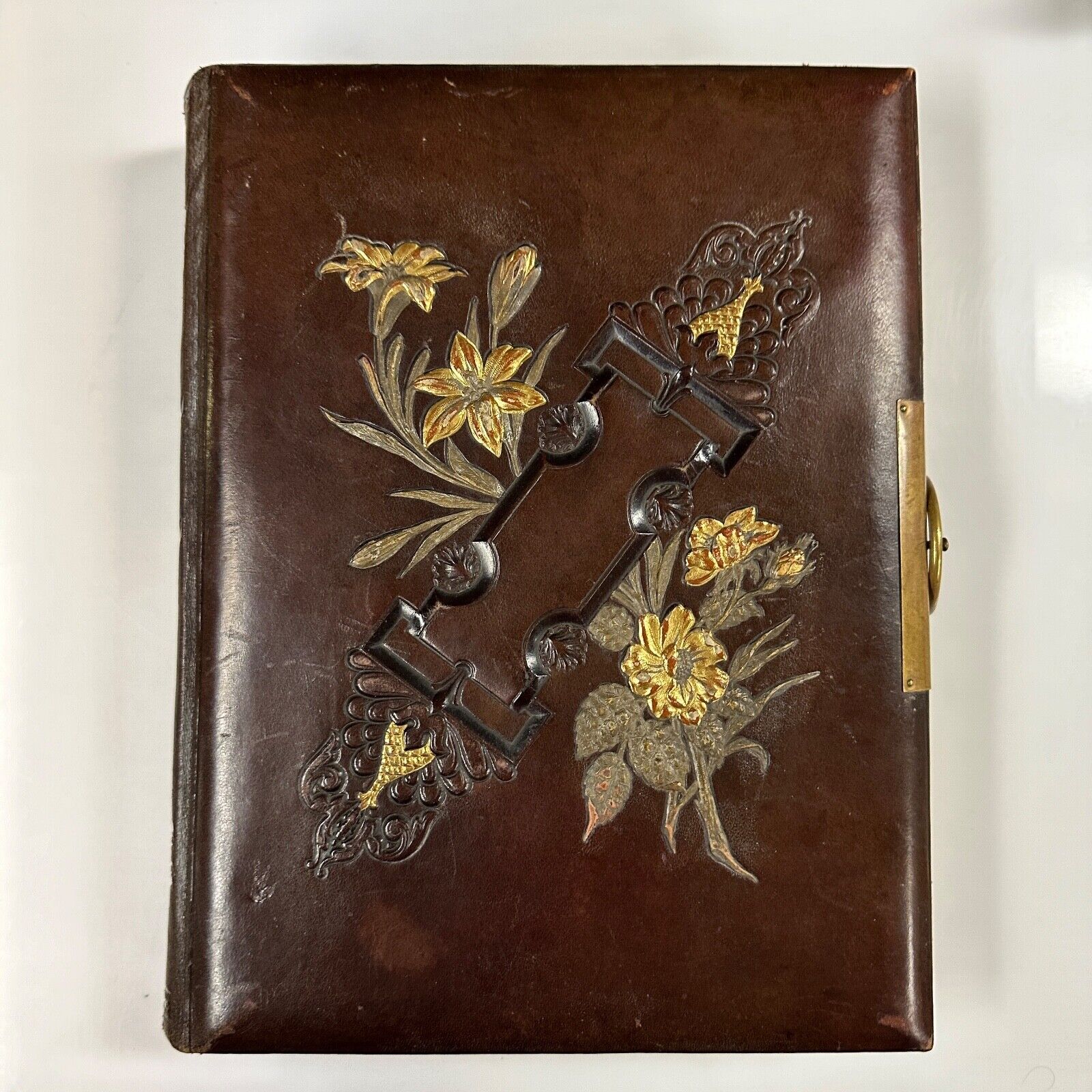 Photo Album Leather Brass Clasp Tooled Embossed Victorian