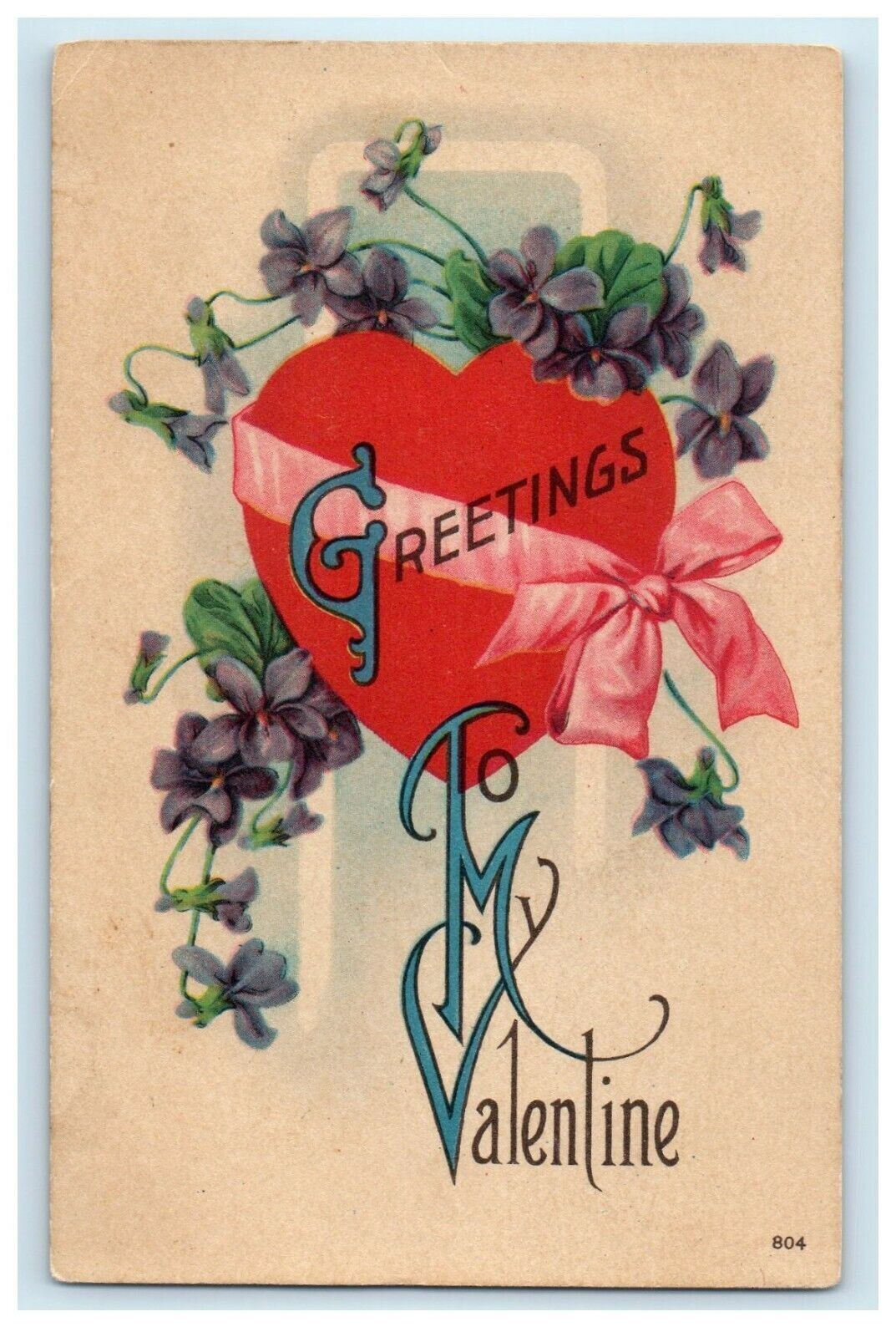 c1910 Valentine Pansy Flowers And Heart Pink Ribbon Posted Antique Postcard