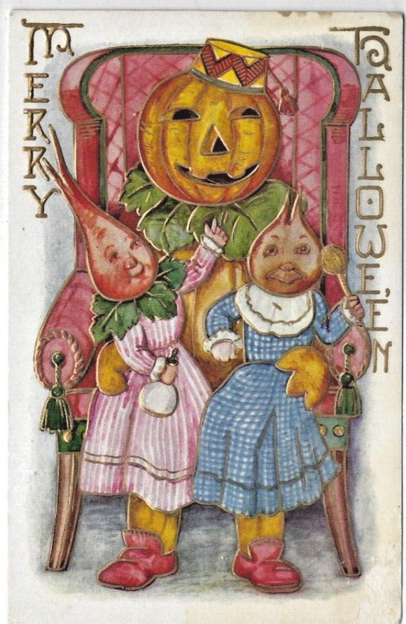1910 Embossed Halloween Postcard Anthropomorphic Vegetable JOL Dad w/2 Daughters