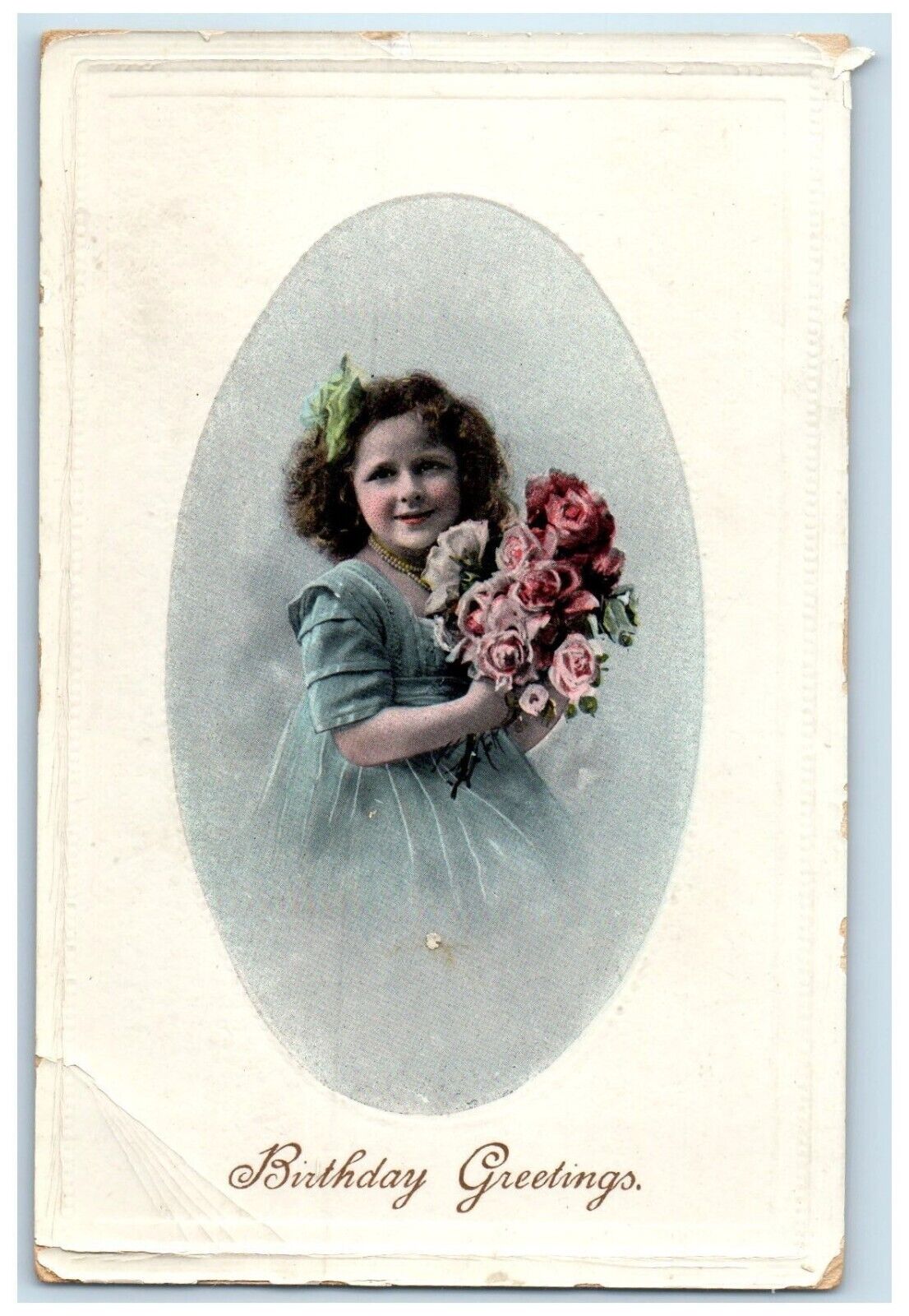 1915 Birthday Greetings Girl With Flowers Embossed Mount Vision NY Postcard