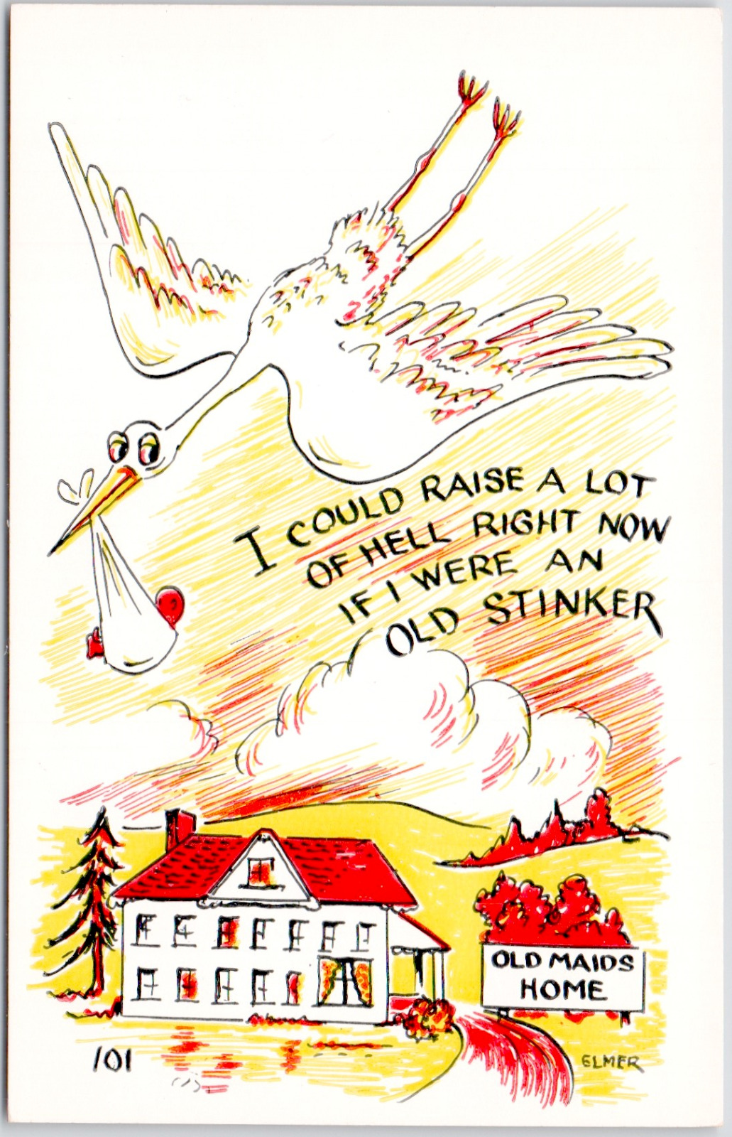 Elmer Anderson Comic Humor Drawing 1951 Stork Baby Funny #101 Vintage Postcard