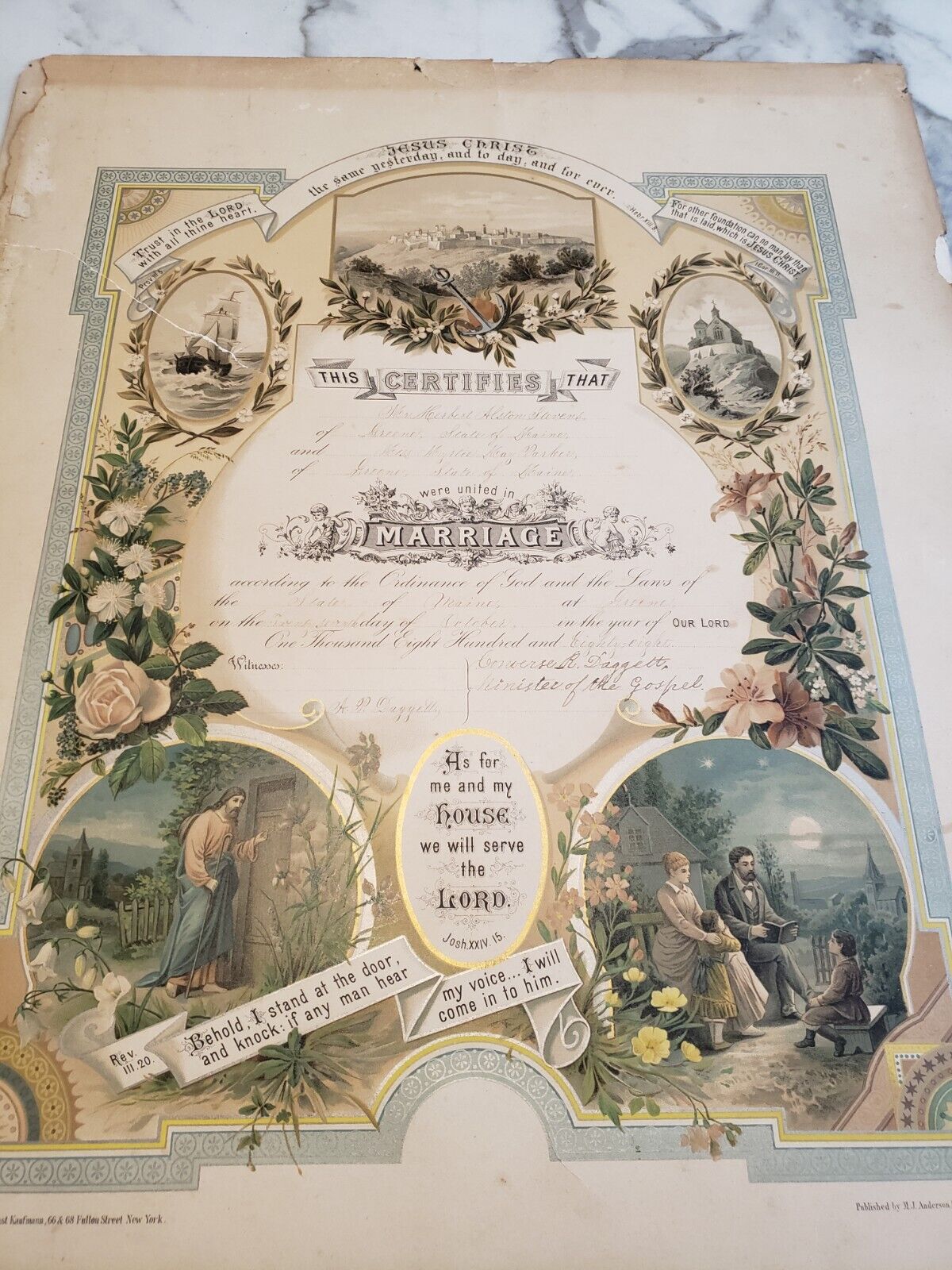 Antique 1888 Marriage Certificate Historic Greene Maine