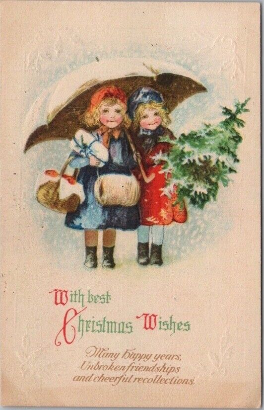 Vintage 1910s CHRISTMAS Embossed Greetings Postcard Two Girls / Umbrella / Snow