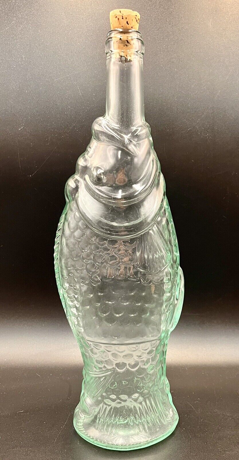 VTG Aqua Glass Fish Shaped Wine Bottle 16oz Corked Decanter Vase Italy Nautical