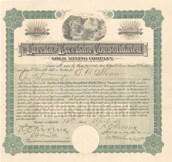 Eureka and Excelsior Consolidated Gold Mining Co. - Stock Certificate - Mining S