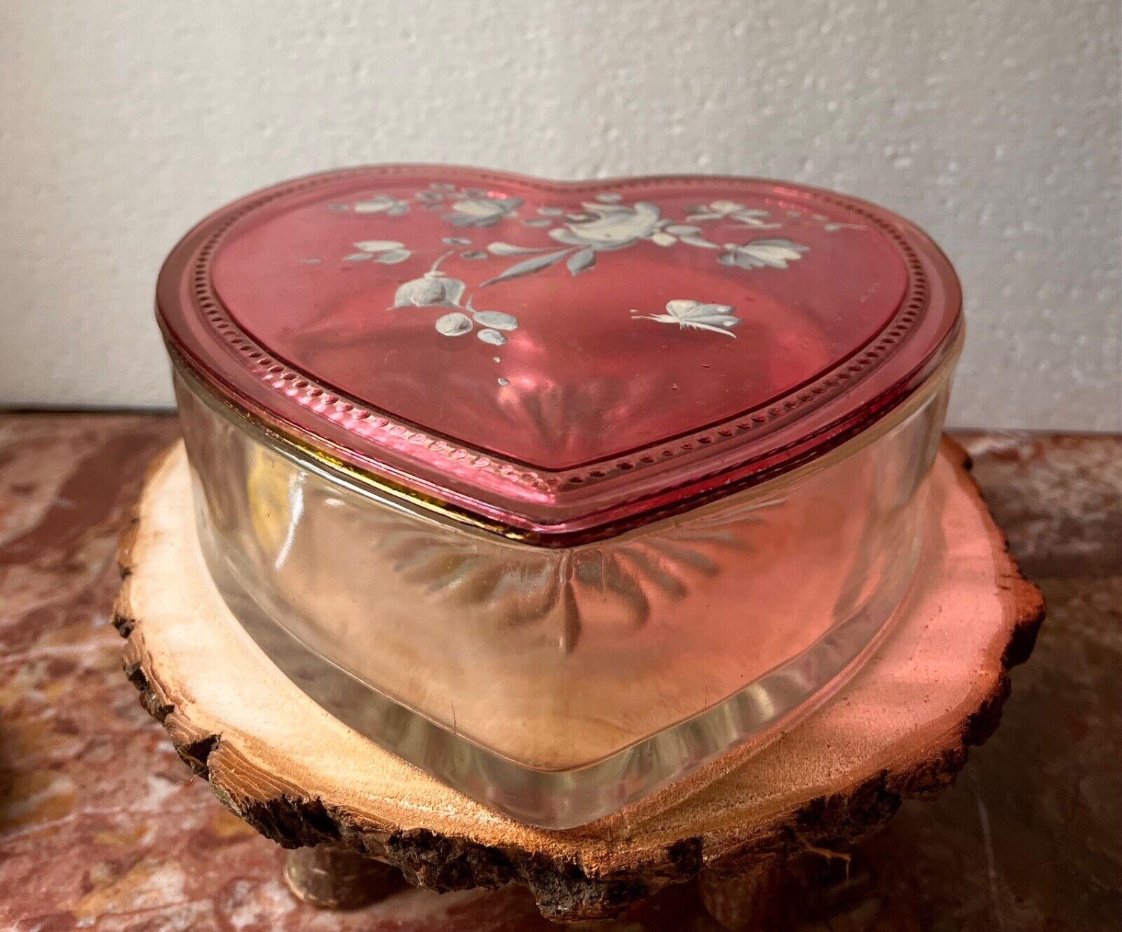 Vintage Heart Shaped Box, Flashed Painted Lid With Hand Painted Floral Design