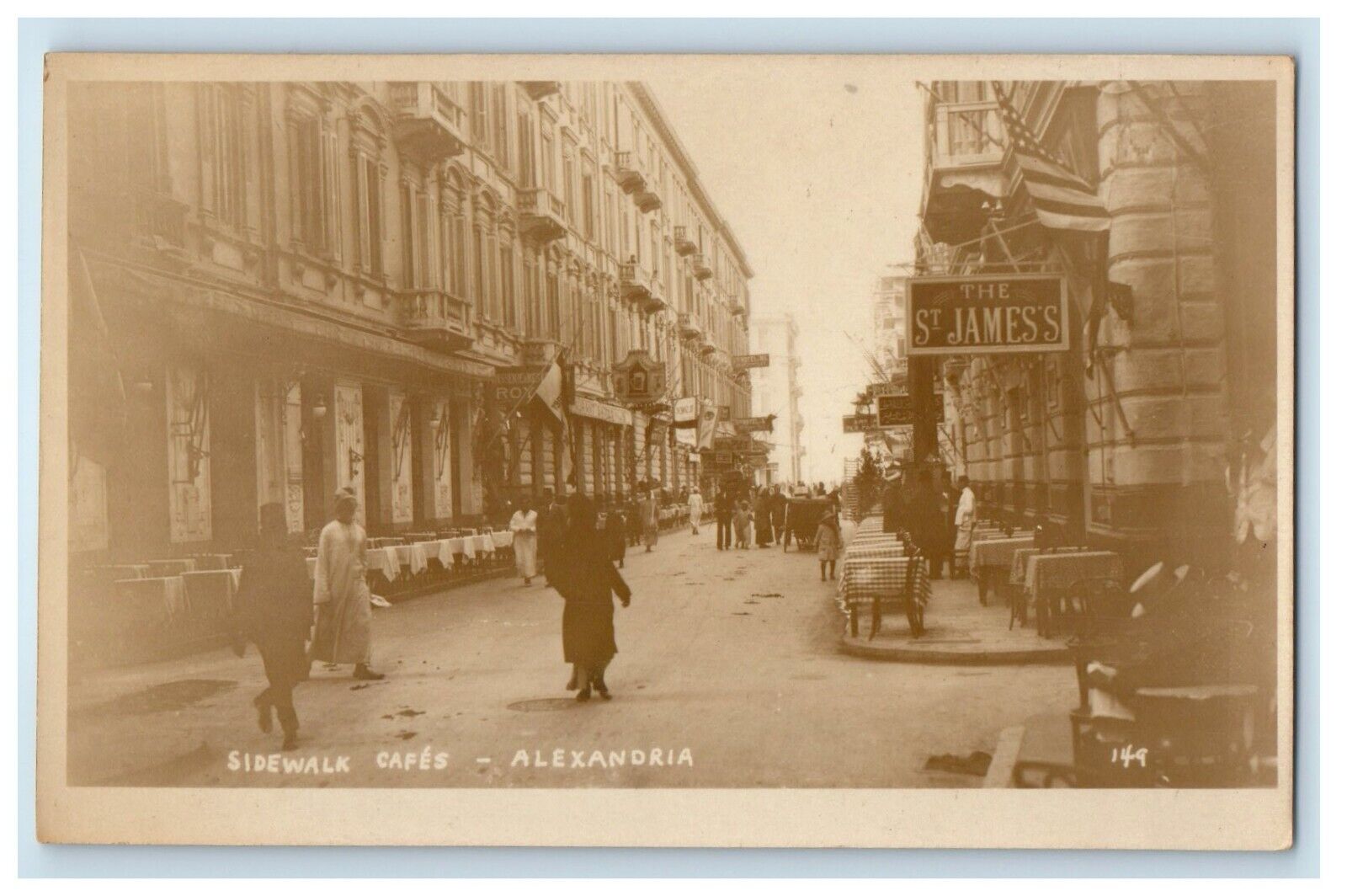 c1920\'s Sidewalk Cafes The St. James Sign Alexandria Egypt RPPC Photo Postcard
