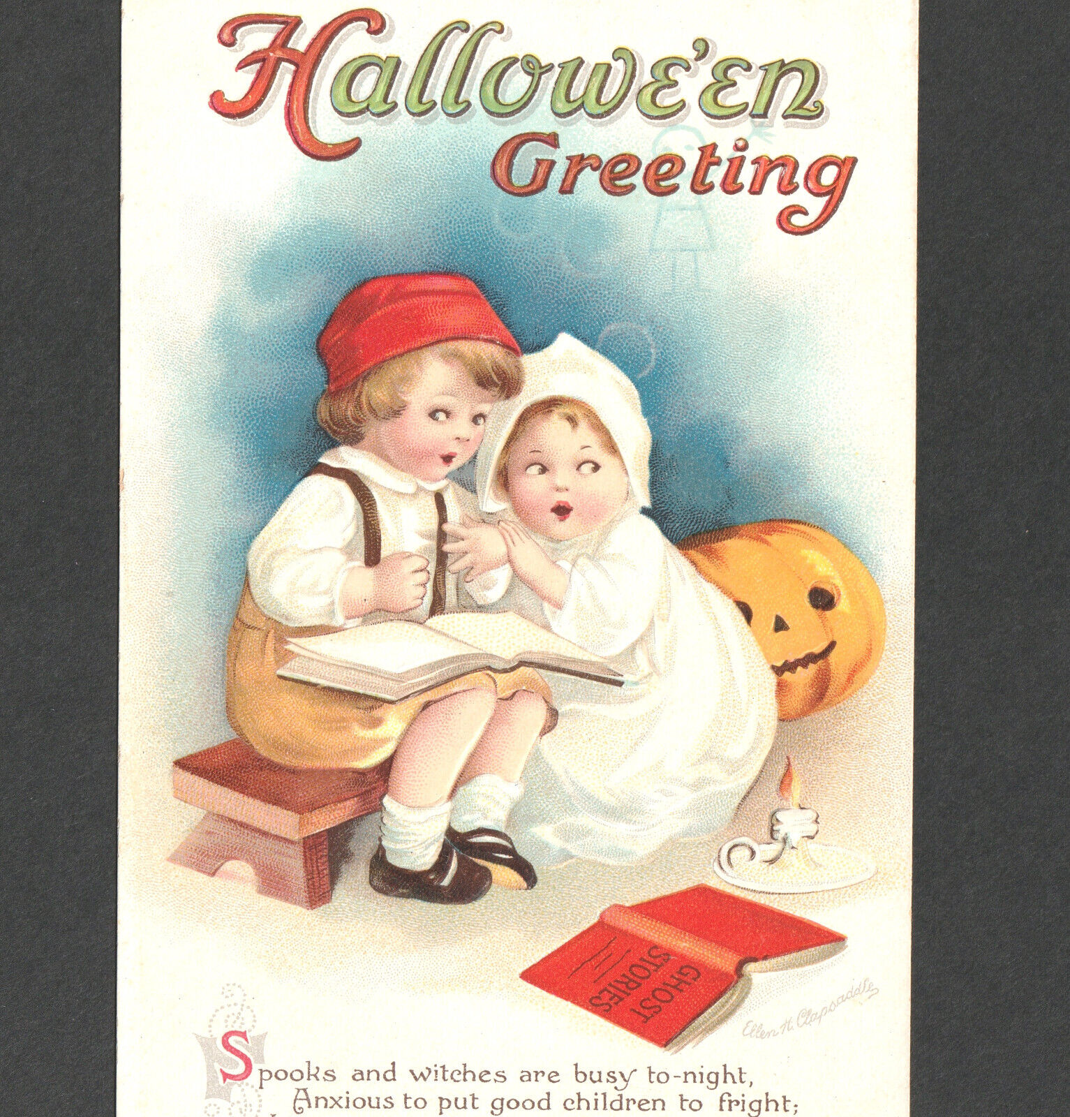 Antique Clapsaddle Ghost Stories Book Halloween Greeting Int'l Art 1815 PostCard