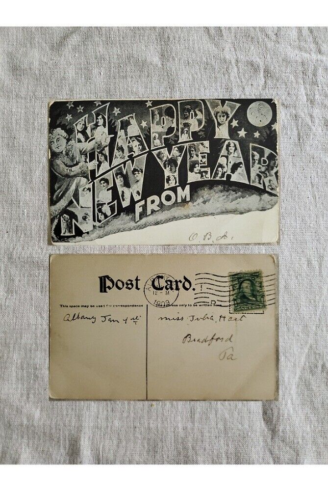 1909 Postcard Franklin One Cent Blue Green Stamp New Year Antique Collectable