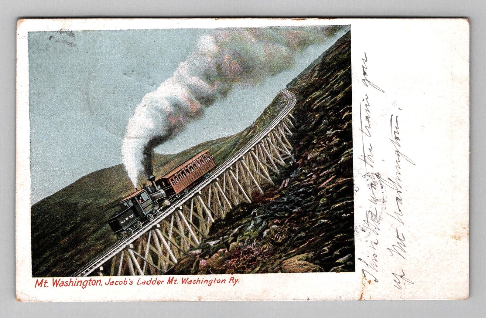 Postcard Mount Washington New Hampshire Train Jacobs Ladder Smoke View NH 1905