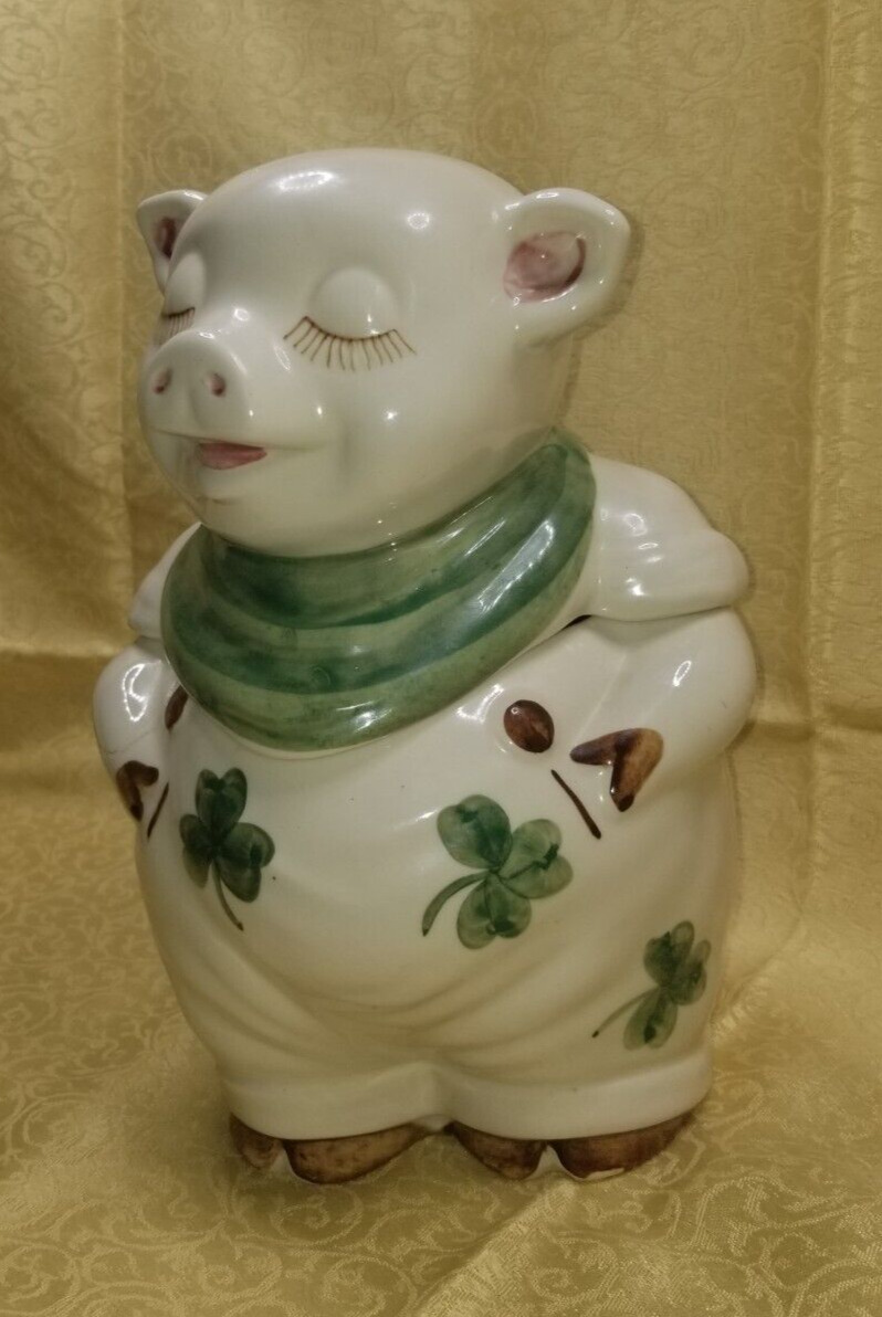 Smiley Pig Cookie Jar Green Scarf Shamrock Clover Shawnee Pottery USA - Vintage