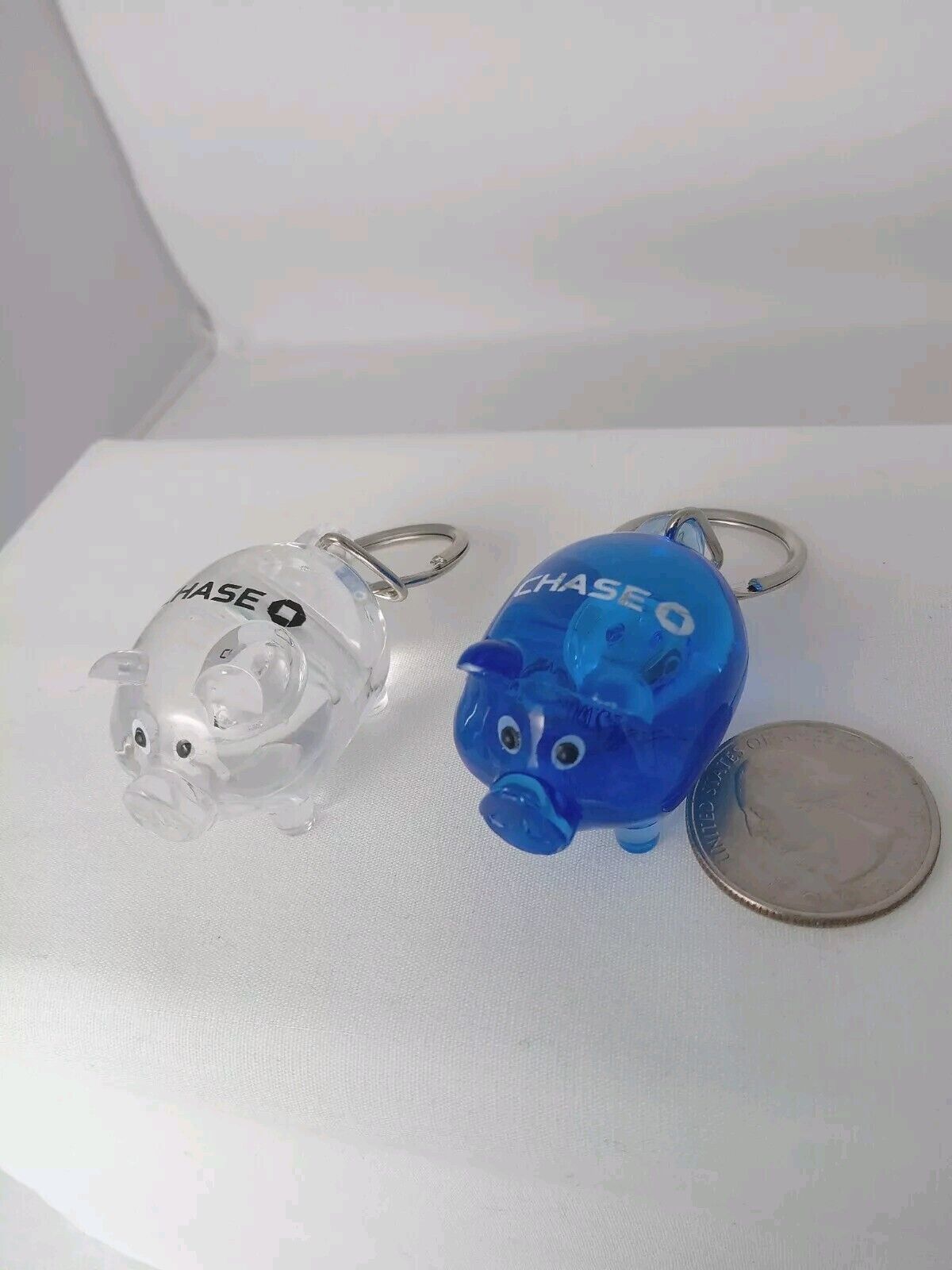 2 Chase Bank Pig Keychain Banking Advertising Logo Blue And Clear Acrylic NOS