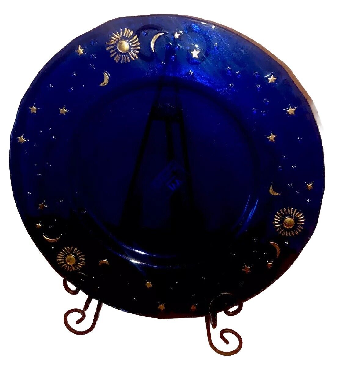 Vintage 14” IVV Italy Cobalt Blue Glass Platter Celestial Gold Sun Moon Stars
