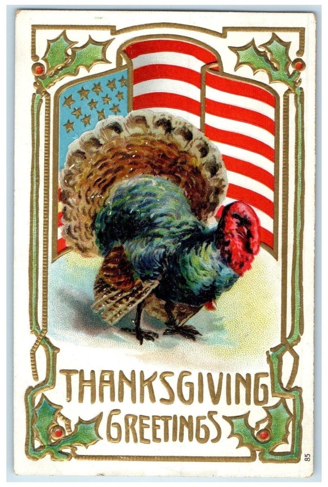 c1910's Thanksgiving Greetings Turkey Holly Berries Embossed Antique Postcard