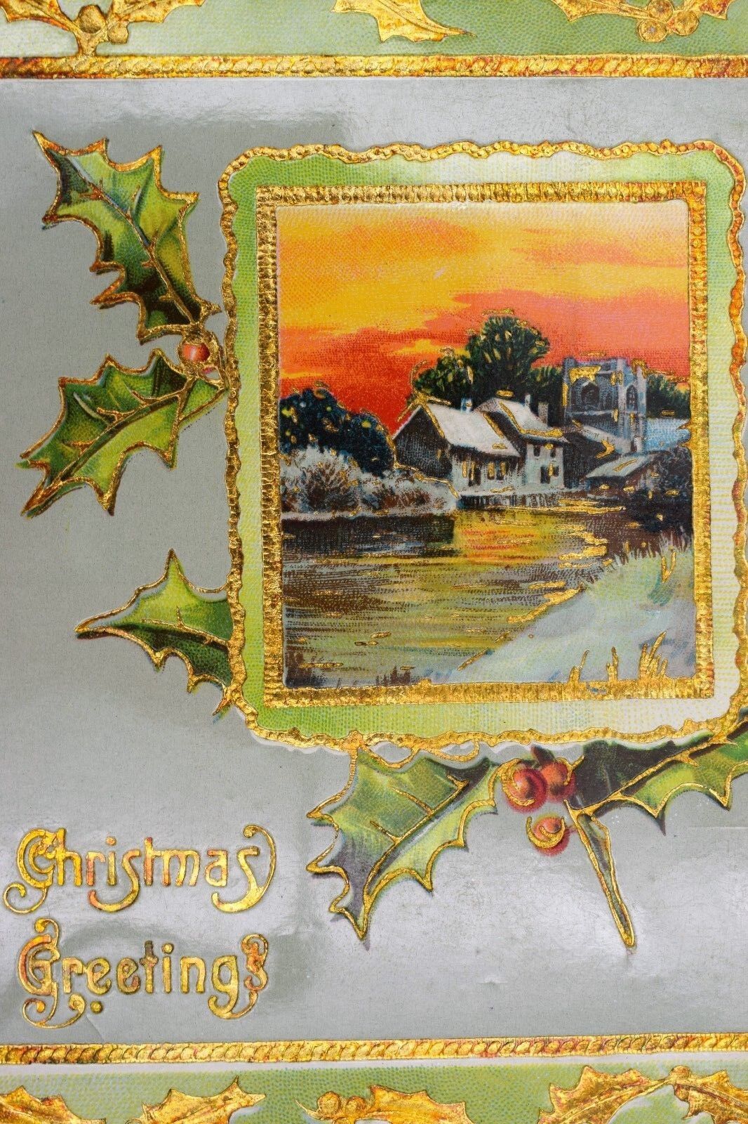 C. 1912 Vintage Embossed Christmas Postcard-Holly Berry-Sunset-Small Town-River