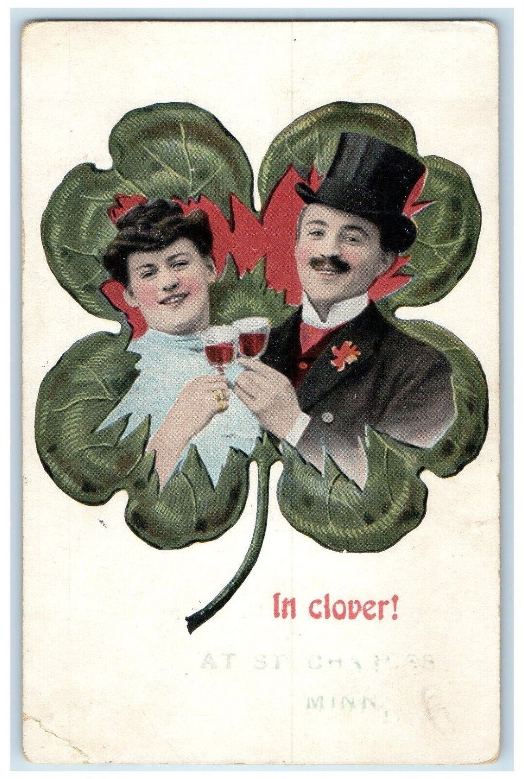 c1910 In Clover Lovers Couple St. Charles Minnesota MN Vintage Antique Postcard