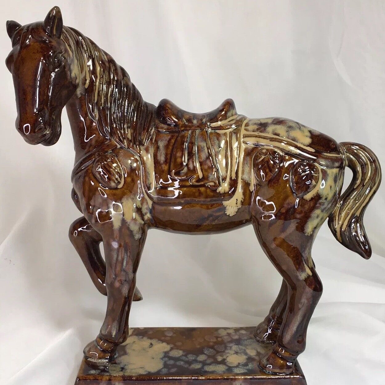 Large Horse, Equine Statuette, Saddled, 11” Drip Glazed Ceramic, Vintage❤️
