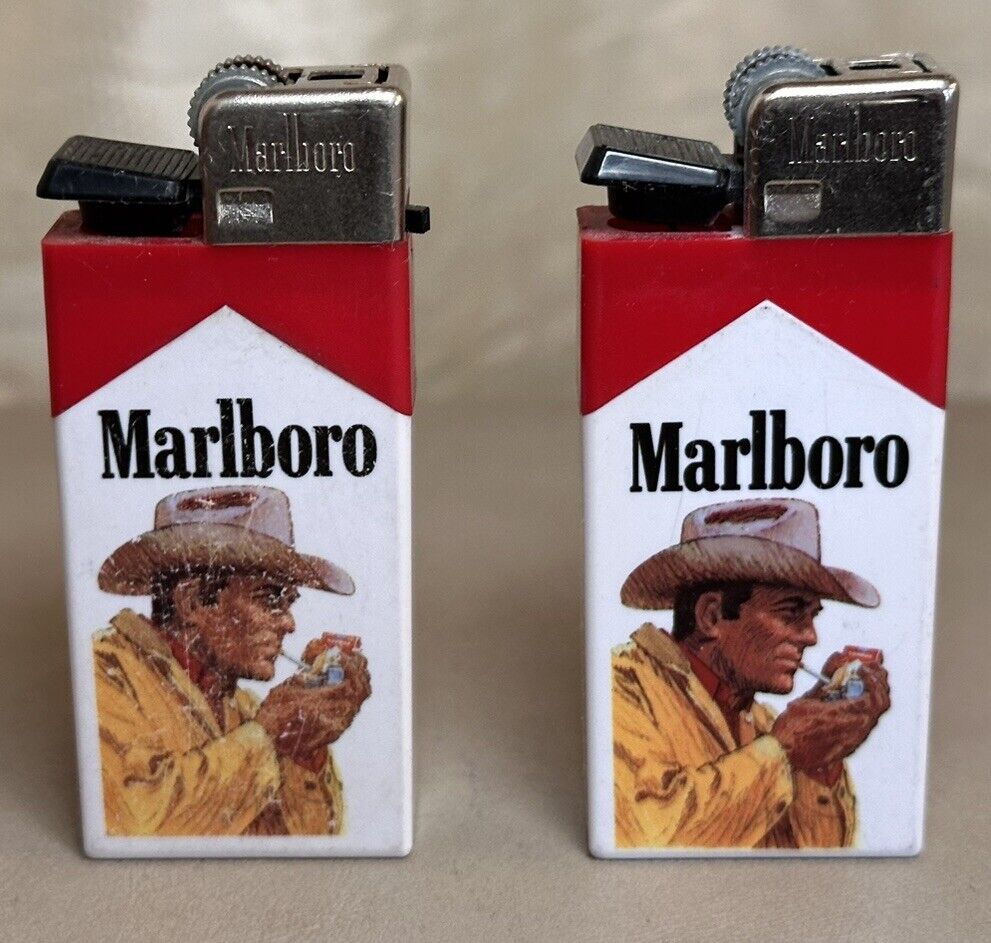 Lot Of Two Vintage 1987 Marlboro Cigarette Lighters Cowboy Scripto