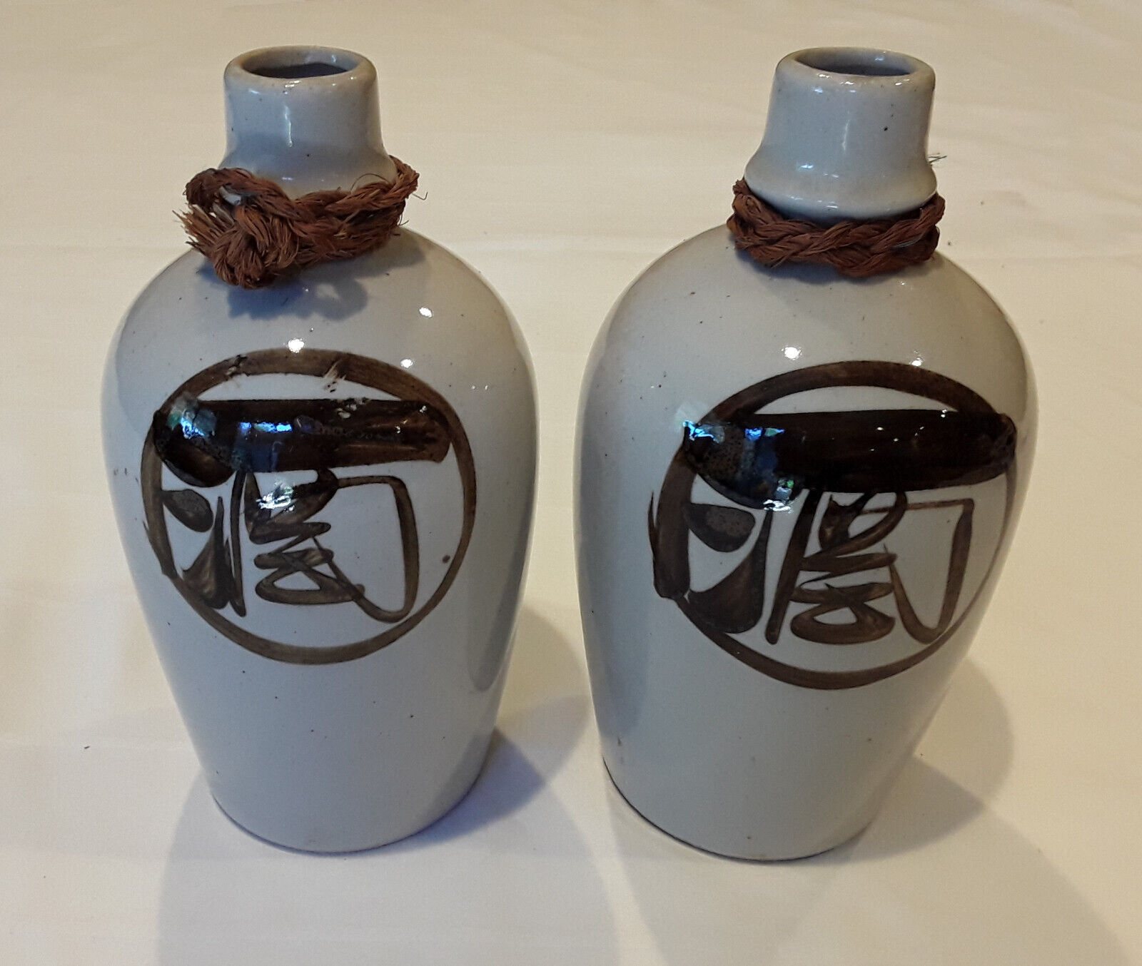Beautiful 2-Piece Vintage Japanese Sake Bottle Set CERAMIC GRAY BLACK LETTERING