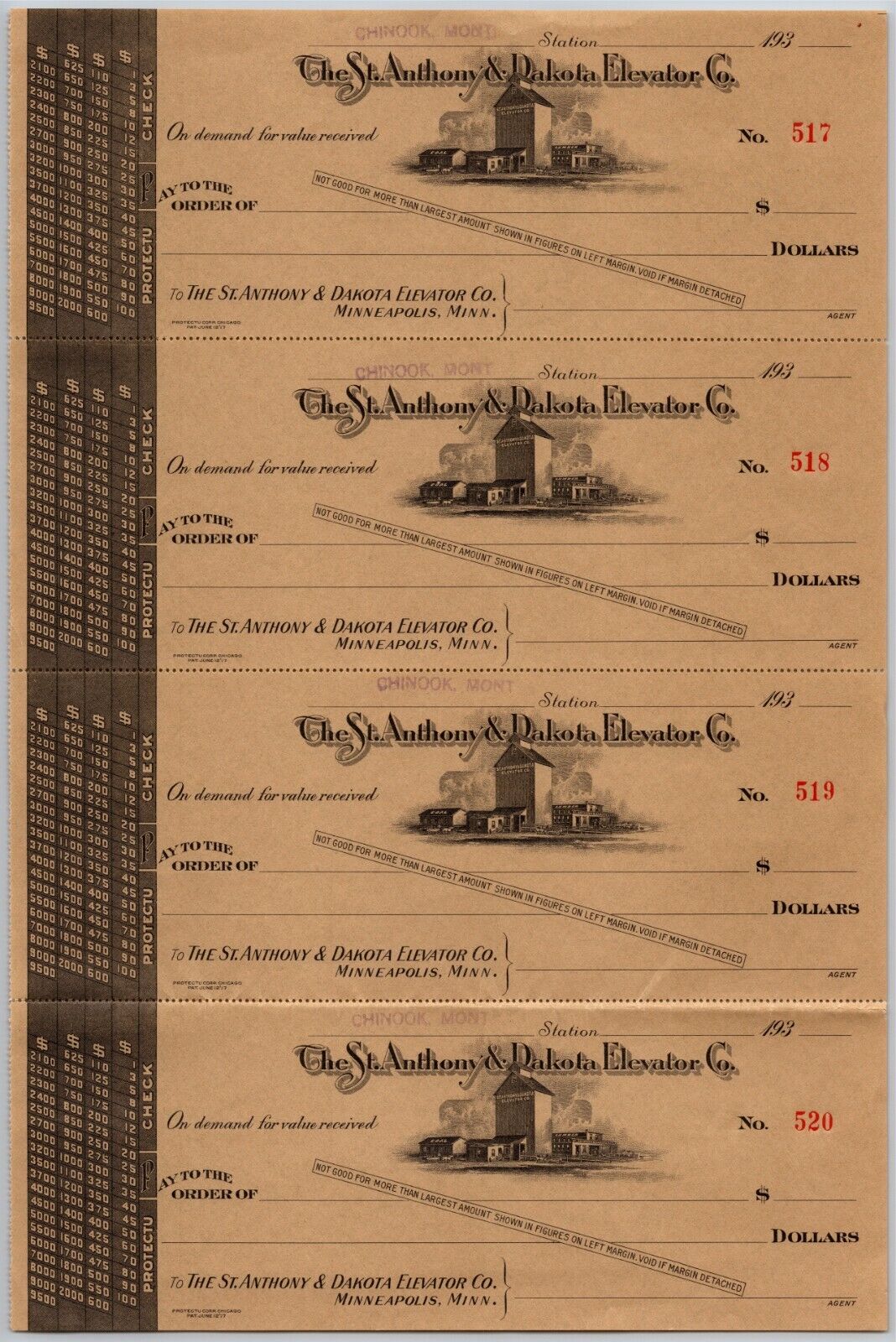 Minneapolis, MN St. Anthony & Dakota Elevator Co. Bank Check Sheet 1930 - 1939