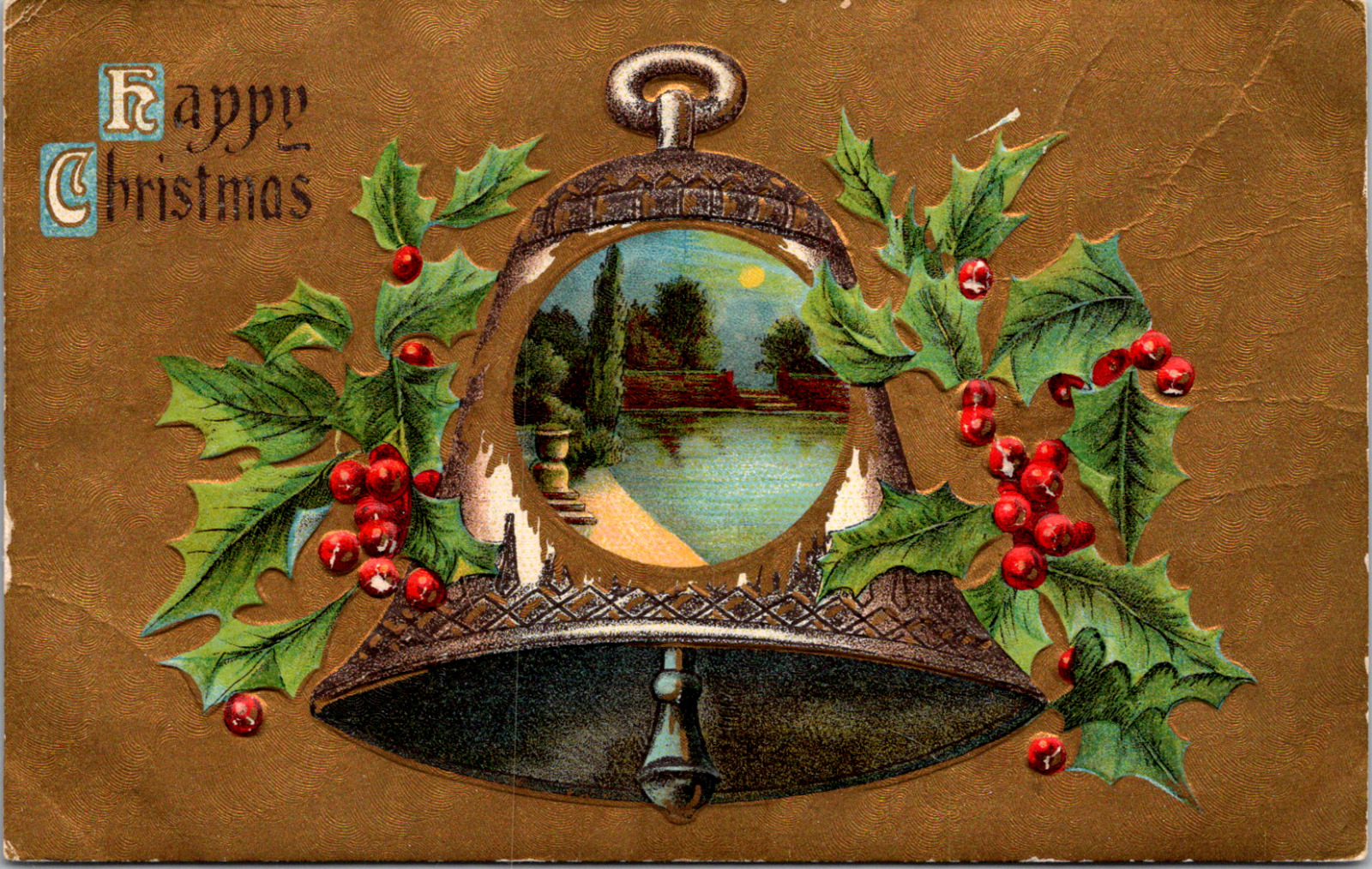 Vintage C 1910 Happy Christmas Golden Postcard Large Brass Bell Inlaid Moonlight