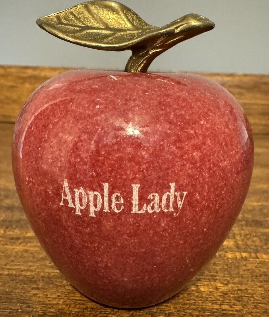 Vintage Red Polused Marble Apple W Brass Leaf Paperweight With Apple Lady Etched