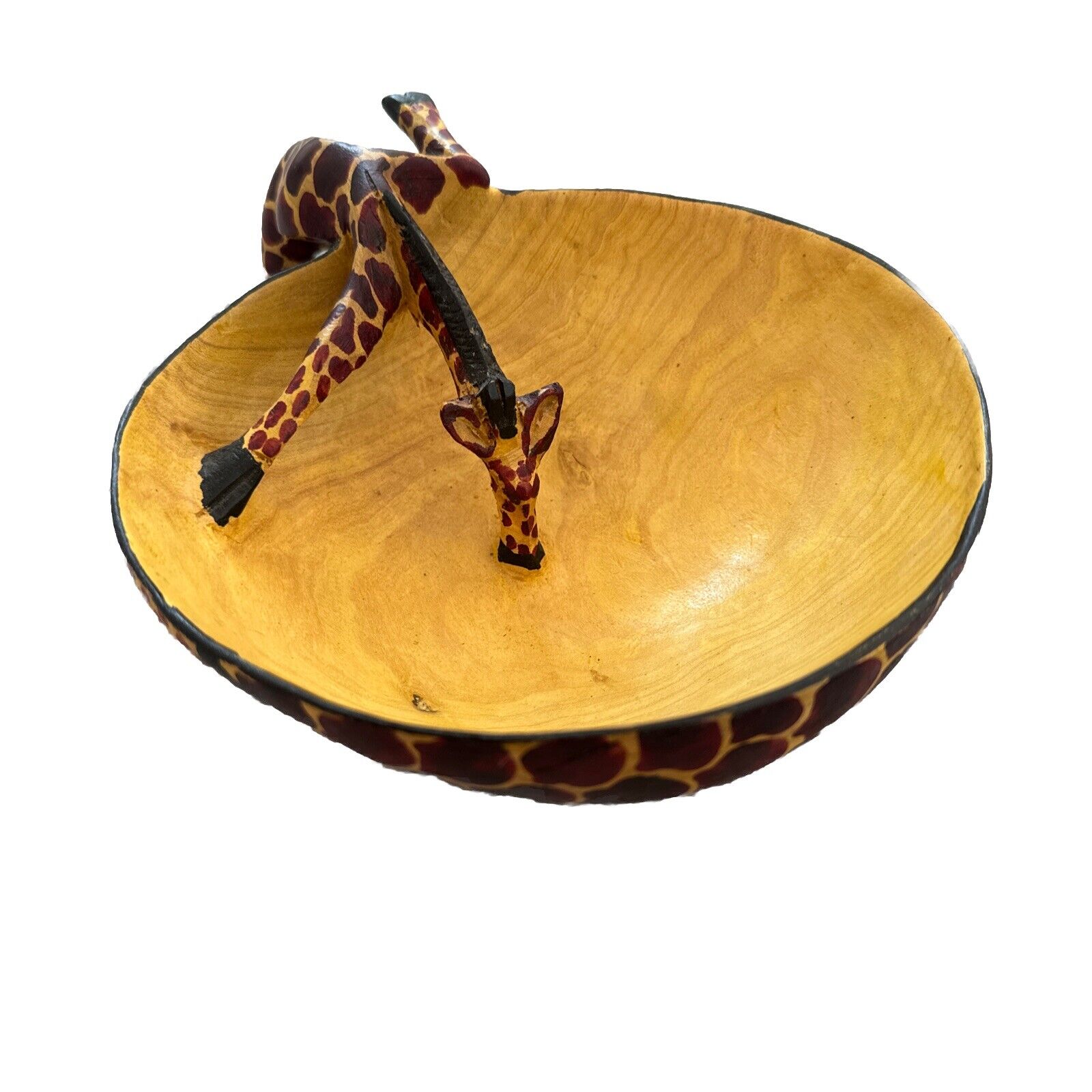 Giraffe Leaning Over Bowl Wood Hand Carved African Art Animal Print Unique Vtg