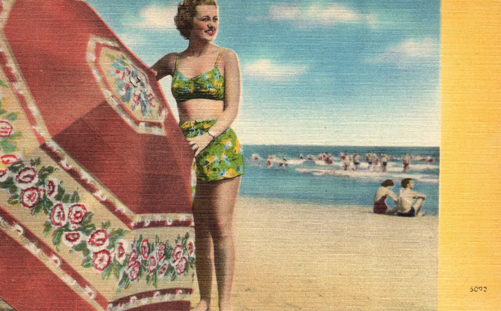 Vintage Postcard Beautiful Lady Big Umbrella Beach Bathing Summer Vacation
