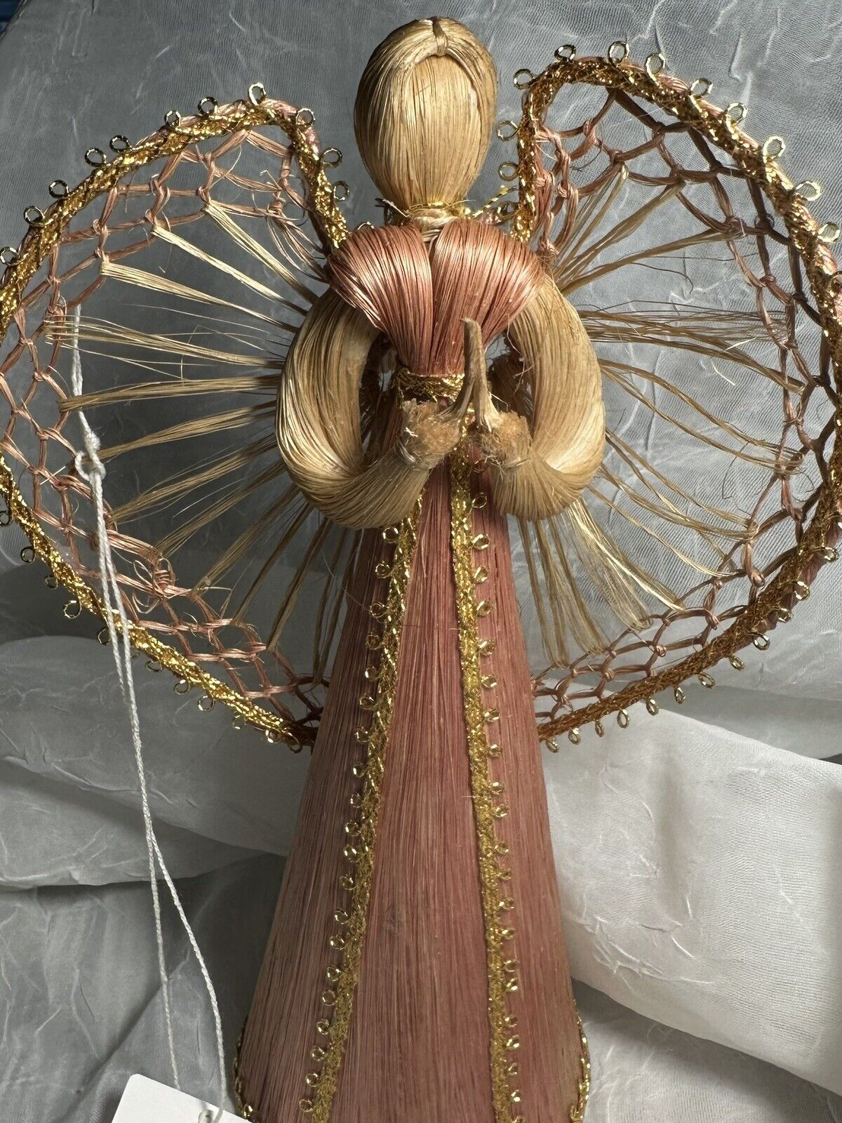 Vintage Corn Husk and Straw Rose With Gold Trim Angel with Heart Wings 8\
