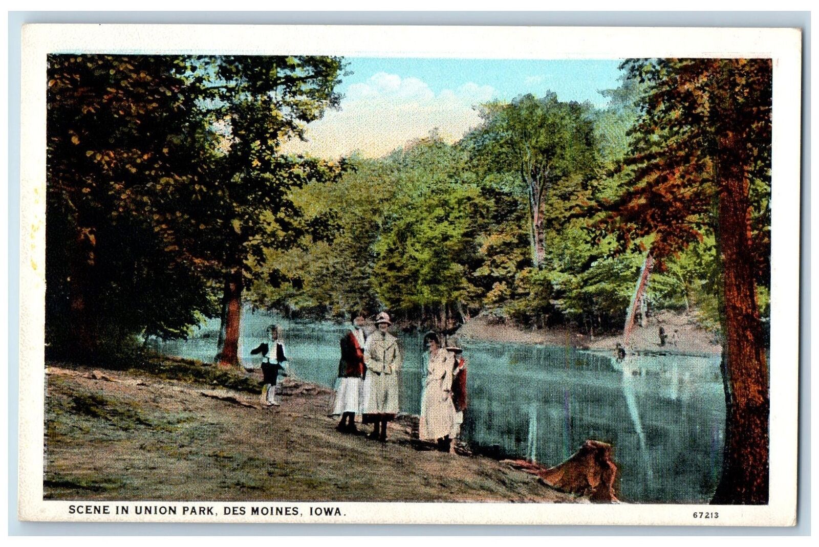 c1920 Scene In Union Park Lake River Tourists Dirt Road Des Moines Iowa Postcard